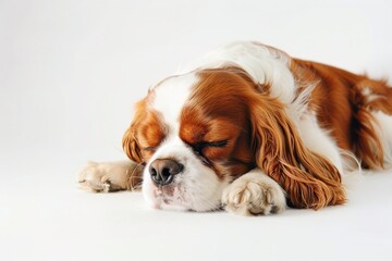 A brown and white dog lying down on a white surface