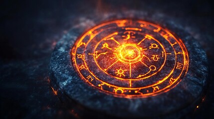 Zodiac symbols carved into a circular stone, glowing with cosmic energy, ancient astrology concept