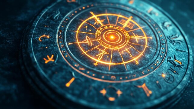 Zodiac symbols carved into a circular stone, glowing with cosmic energy, ancient astrology concept