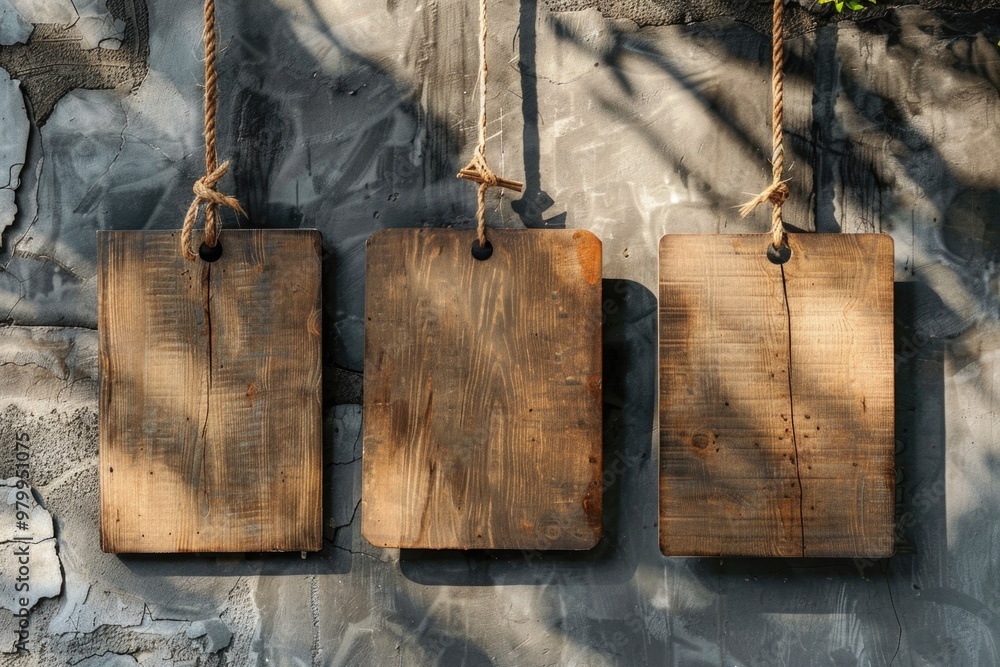 Poster three wooden signs suspended from a rope on a wall, ideal for use in rustic or vintage-themed design