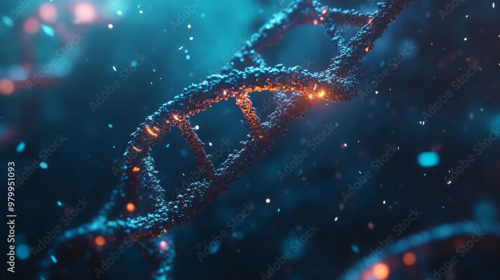 Poster this captivating image shows a detailed dna double helix in a vivid blue background, featuring glowi