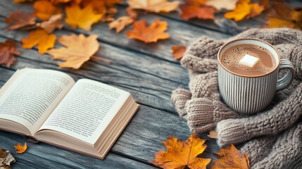 Fototapeta premium A warm background with a knit sweater, a book, and a mug of hot cocoa placed on a weathered wooden table