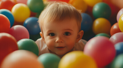 Portrait of a little boy playing in a ball pool, happy kid play in a playground. happy child surrounded by colorful balls