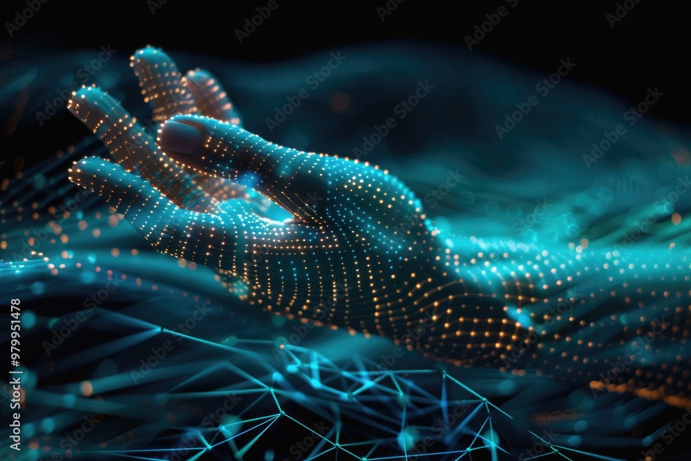 Poster close-up view of a person's hand with glowing dots, suitable for sci-fi or futuristic concepts