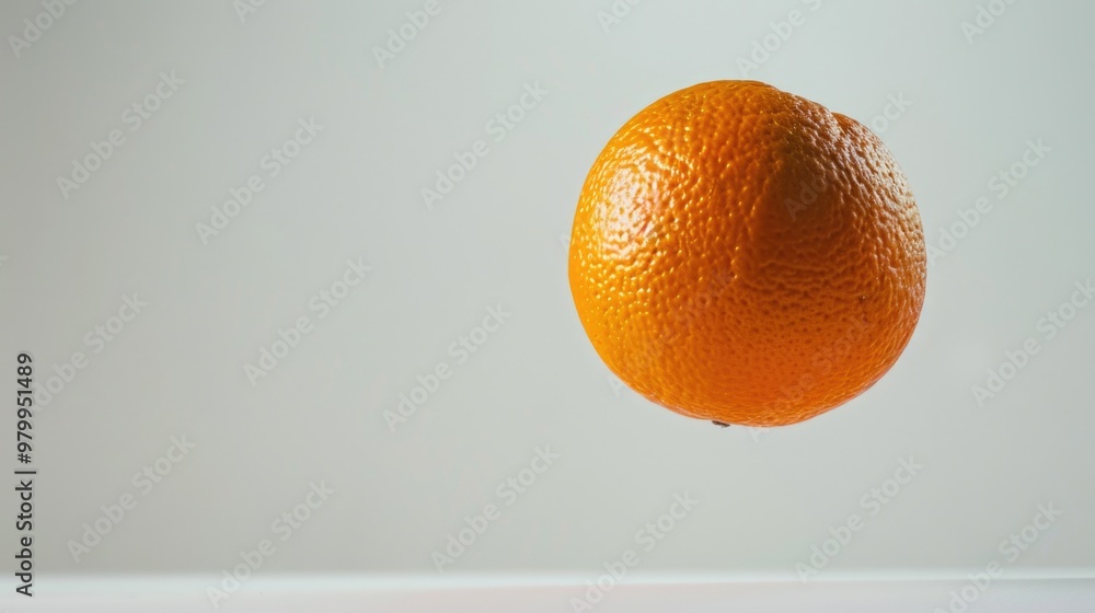 Poster A single orange floating in mid-air on a white background, perfect for adding a pop of color to any design
