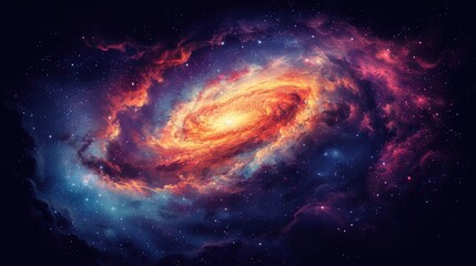 Obraz premium A vibrant, swirling galaxy with bright orange, red, and blue colors in the vastness of space.