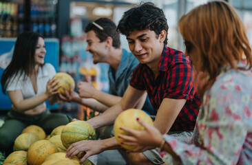 Fototapeta premium A group of friends enjoys selecting fresh produce from a local greengrocer, fostering community and healthy living.