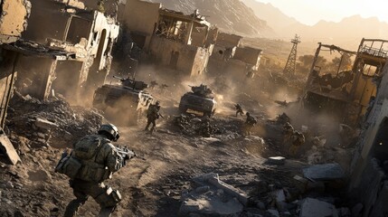 Soldiers engage in a fierce battle, maneuvering through a devastated village under a dramatic sunset. Armored vehicles contribute to the intense conflict in the background