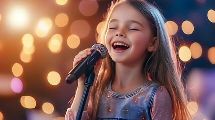 A young girl with blonde hair sings into a microphone with a big smile. Her eyes are closed and she is enjoying the performance. The background is blurry and has bokeh lights.