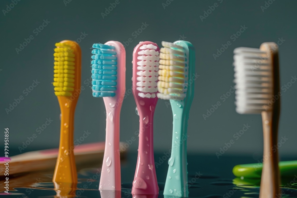 Poster row of toothbrushes on a table, ready for use