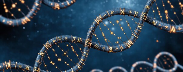 Zodiac symbols intertwined with DNA helixes, symbolizing the fusion of cosmic and biological