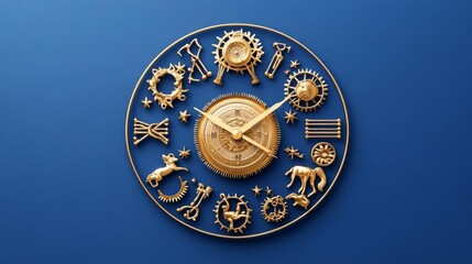 Obraz premium Zodiac symbols intertwined with clock gears, showing the passage of time through celestial movements