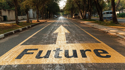 Long road leading into the horizon with "Future" and a forward arrow painted on the asphalt, symbolizing progress and goals.
