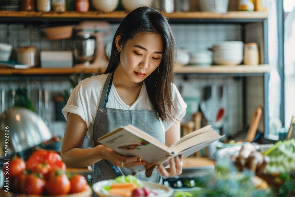 Poster A woman reads a book while sitting at a kitchen table