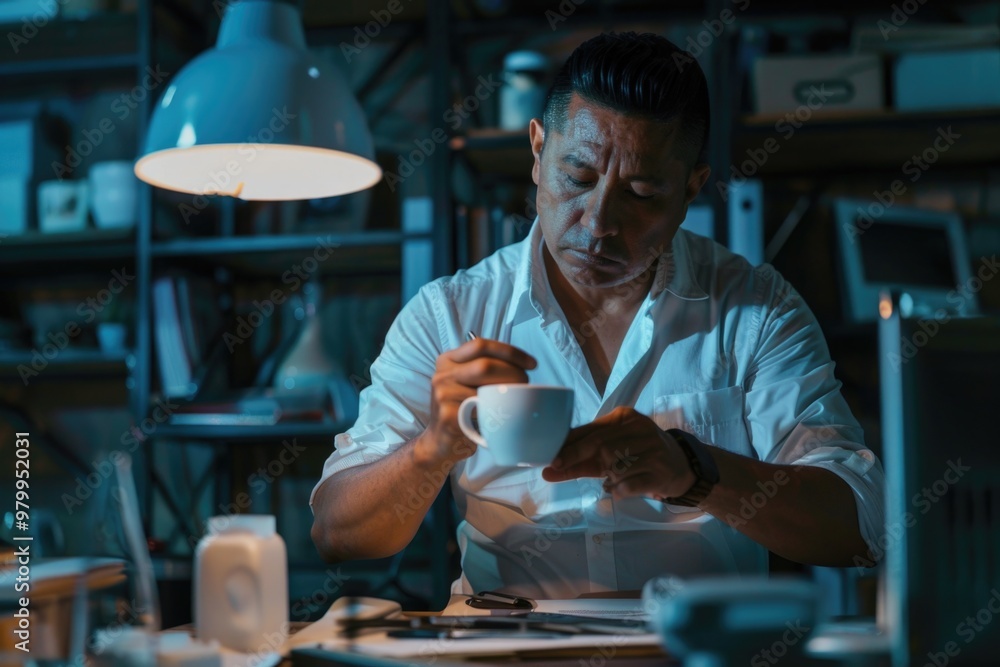 Poster A person enjoying a cup of coffee while sitting at a table, perfect for use in scenes about daily routines or workspaces