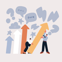 Cartoon vector illustration of a business team, consisting of a man and a woman, placing an upward arrow on a growth chart, concept of business growth and success