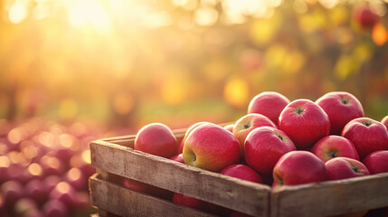 apetite apples in a box on the background of an apple orchard
