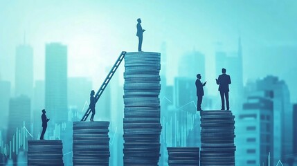 Businesspeople Standing on Stacks of Coins with a Ladder