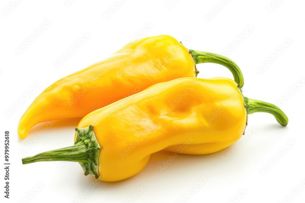 Poster Two yellow peppers sit next to each other on a white surface, ready for use or display