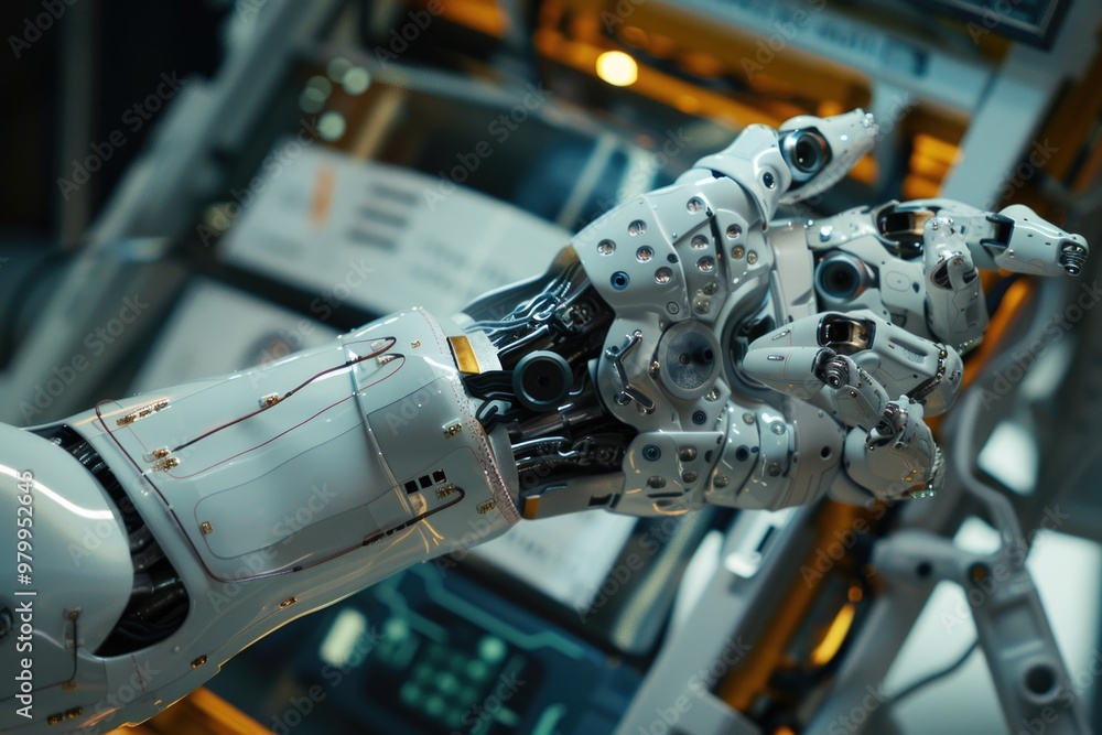 Aufkleber a robotic arm sits atop a computer, ready for action