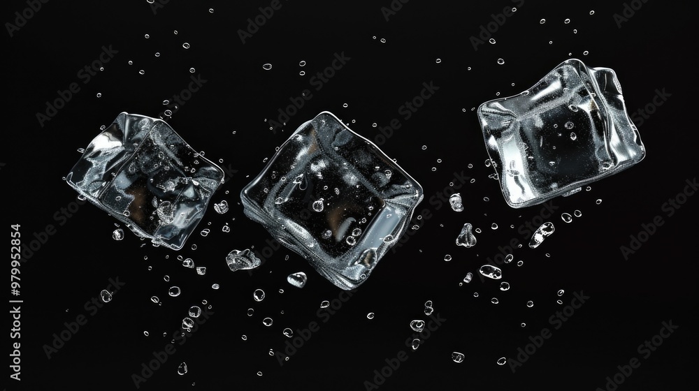 Poster Three transparent ice cubes dropping into a glass of still water, creating ripples and reflection