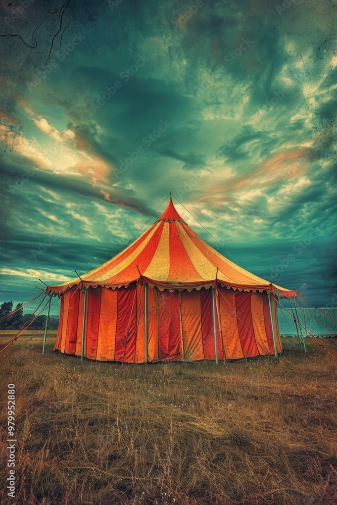 Aufkleber A tent set up in an open field with a cloudy sky visible in the background, suitable for outdoor and nature-related uses
