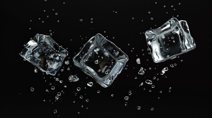 Three transparent ice cubes dropping into a glass of still water, creating ripples and reflection