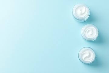 Obraz premium Face cream in jars on light blue background, flat lay. Space for text .generative ai