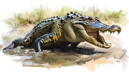 Obraz premium A large alligator with its mouth open, showing its sharp teeth, in a swampy environment.