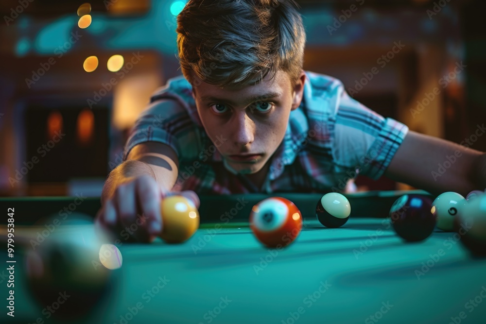 Poster a person aiming a shot in a pool game