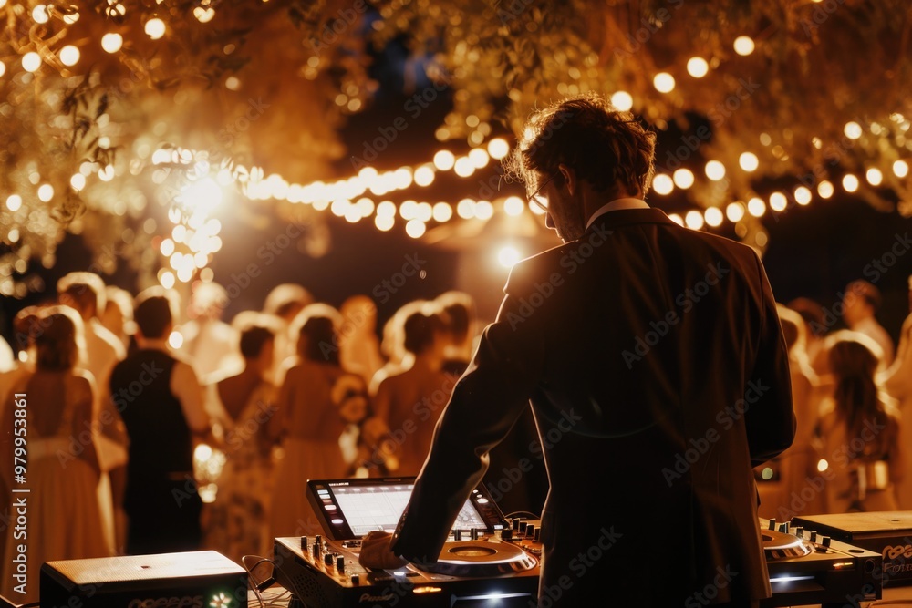 Poster A DJ spins tracks in front of an enthusiastic crowd, energized by the music