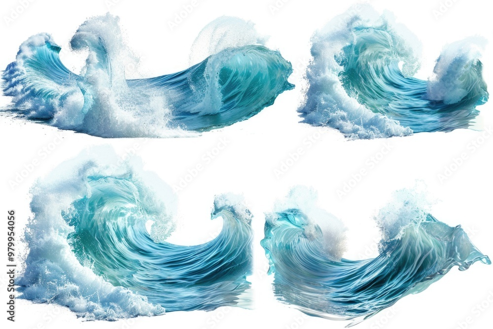 Poster a series of four waves, capturing their different shapes and movements