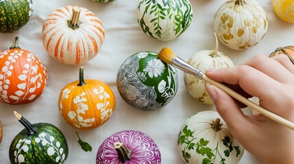 Decorative pumpkin painting in autumn showcasing colorful designs and patterns in a creative craft arrangement