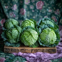 Charming still life featuring fresh vegetables on a wooden board with cozy fabric background