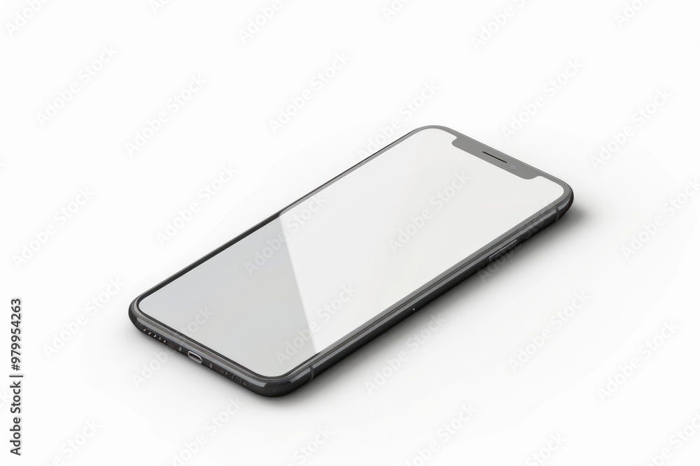 Poster a close-up shot of a cell phone with a blank screen, placed on a clean white surface