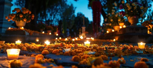 Obraz premium Día de los Muertos Altar in Cemetery at Night with Candlelight and Marigold Petals Scattered Across Ground