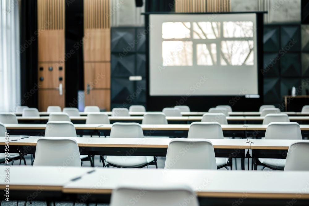Aufkleber Rows of chairs and a projector screen in a modern classroom setting