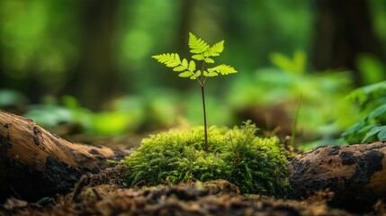 A young sapling grows on a mossy forest floor surrounded by decaying logs highlighting nature's resilience in a recovering ecosystem