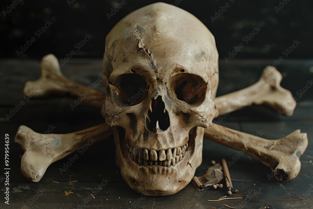 Leinwandbilder A close-up view of a skull with crossbones on a table