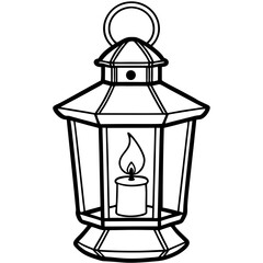 Vintage Lantern with Flickering Candle Outline Vector