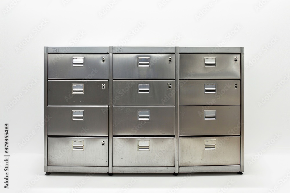 Poster row of metal file cabinets with multiple drawers
