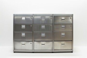 Row of metal file cabinets with multiple drawers