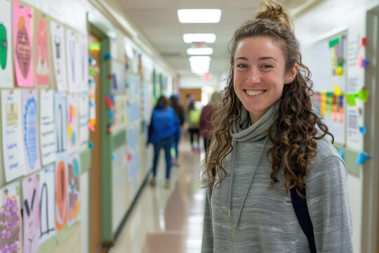 Teacher Standing in School Hallway Celebrating World Teachers Day with Student Posters Project