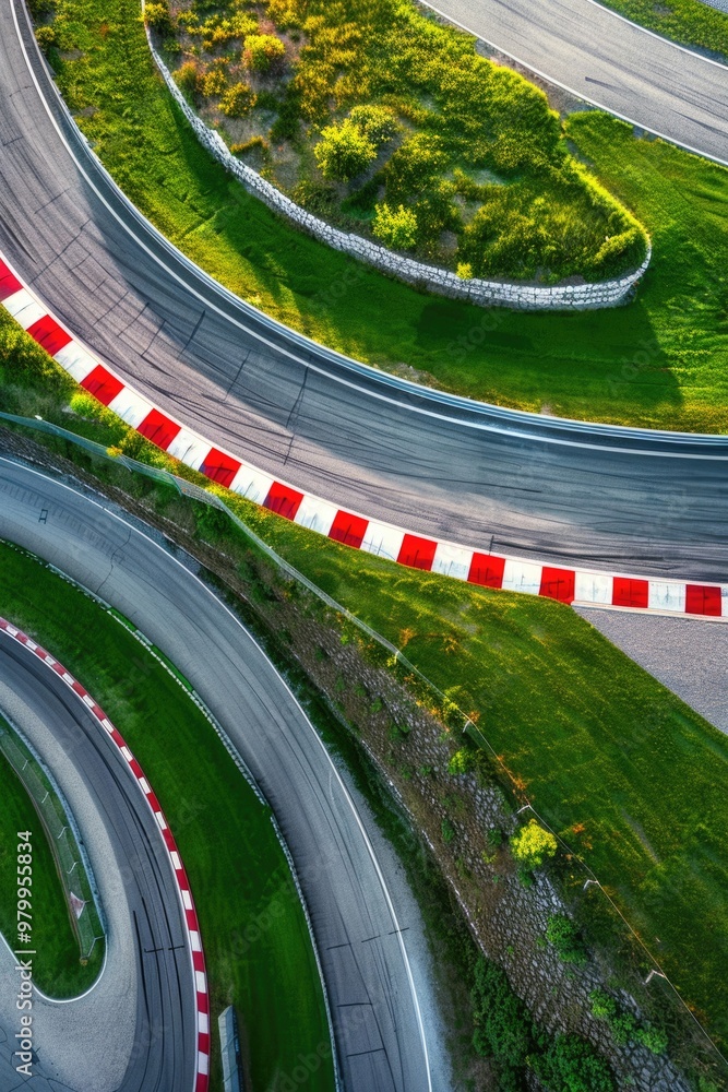 Poster aerial view of a winding road, suitable for use in travel or infrastructure planning contexts