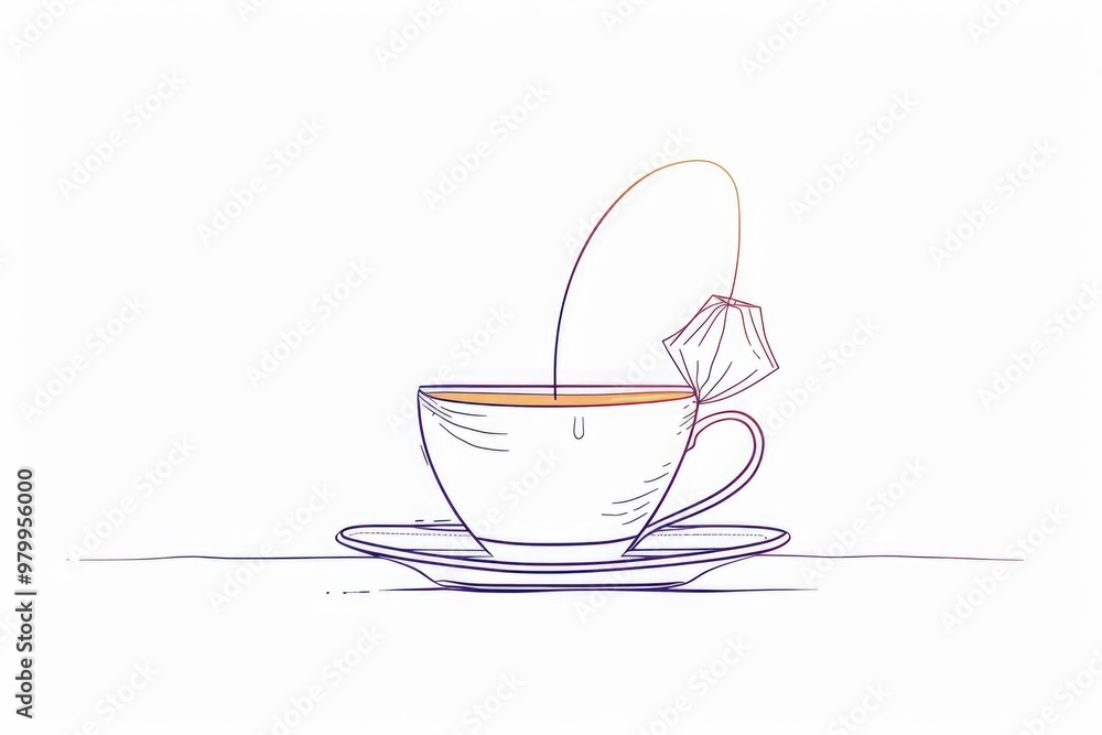 Poster a simple illustration of a cup of tea with a tea bag partially submerged in the liquid