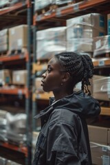 Fototapeta premium A person standing in front of a shelf filled with storage boxes, possibly looking for something or deciding what to do next