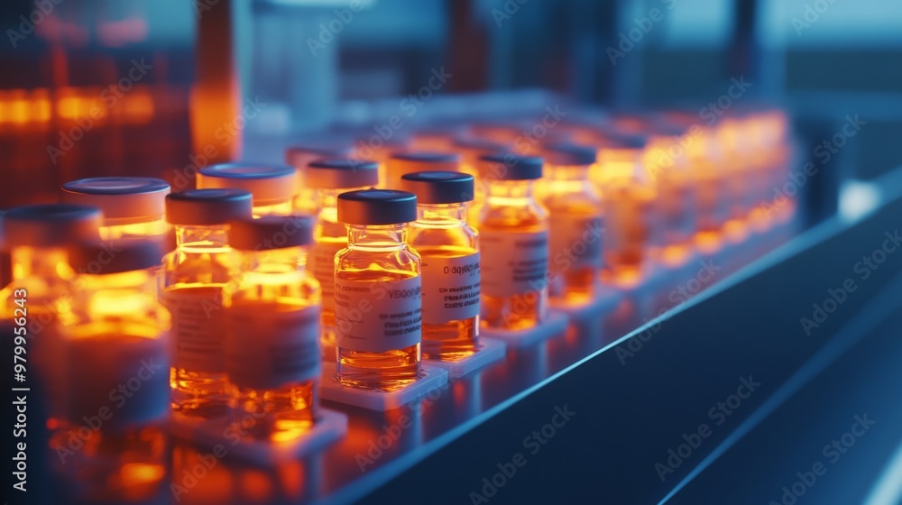 Poster rows of glowing vaccine vials are presented on a production line in a state-of-the-art laboratory, i