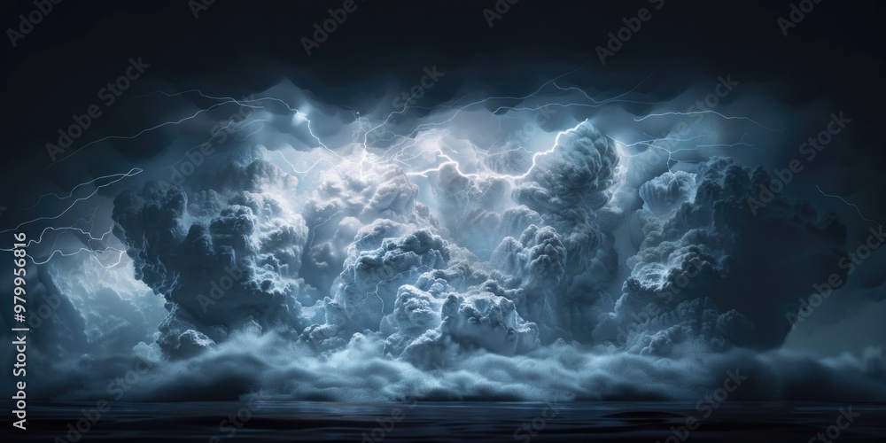 Poster a large cloudy mass filled with numerous lightning bolts