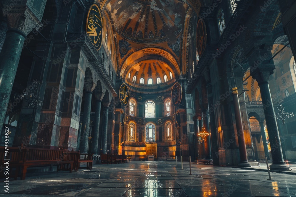 Poster A grand cathedral with numerous windows, ideal for use in architecture or faith-based projects