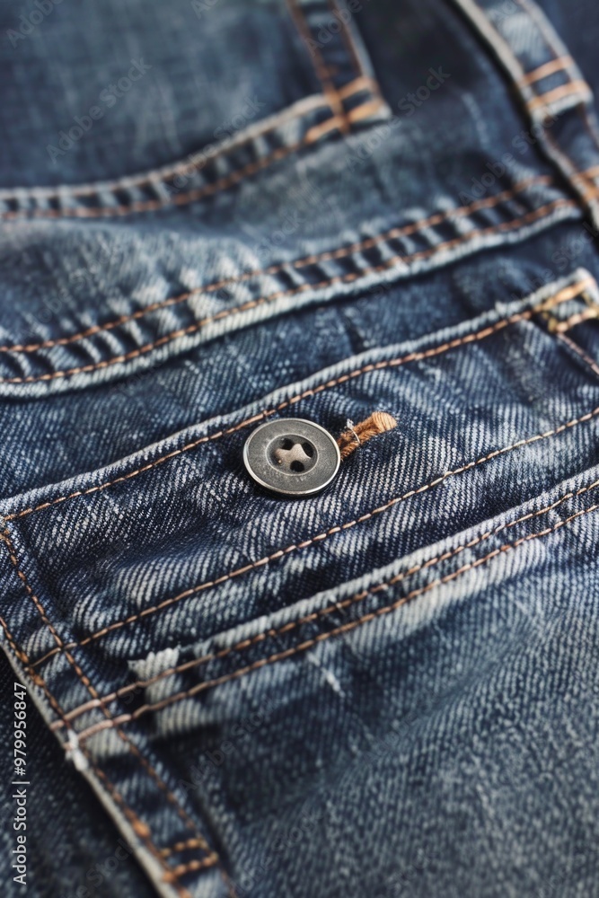 Poster a close-up view of a single button on a pair of jeans, ideal for fashion or textile-related uses